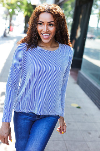 Hello Beautiful Blue Rib Dolman Cropped Sweater Top