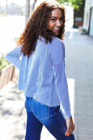 Hello Beautiful Blue Rib Dolman Cropped Sweater Top