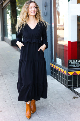 Beautiful You Black Pintuck Detail Frill V Neck Maxi Dress