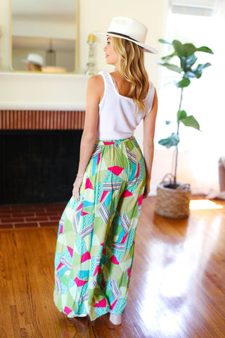 Feeling Couture Ivory & Mint Corded Geo Print Wide Leg Jumpsuit