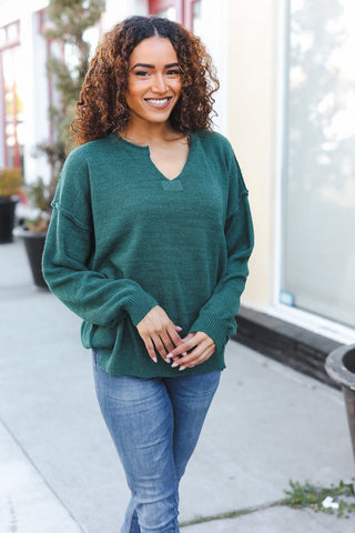 Lock Eyes Hunter Green Notched Neck With Patch Oversized Sweater