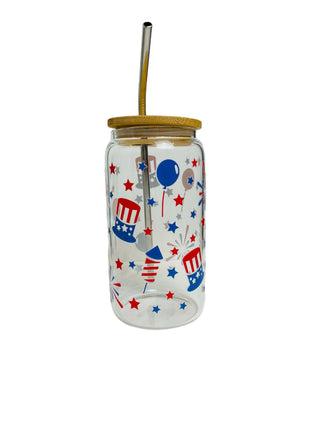 4th of July Fireworks Glass Cup with Bamboo Lid