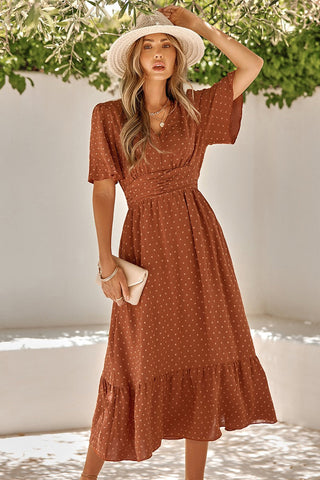 Textured Dotted V-Neck Belted Midi Dress