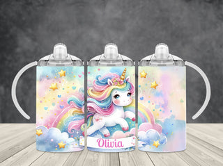 Pastel Unicorn Sippy Cup, Girls Personalized Name, Rainbow Baby Cup w 2 Lids
