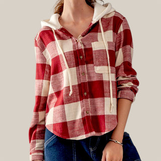 Button Down Buffalo Plaid Flannel Hooded Shirt