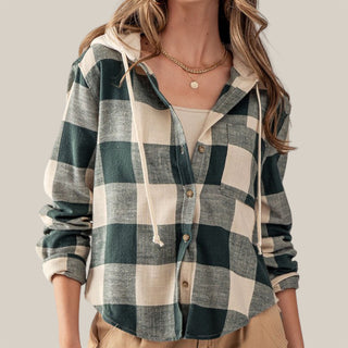 Button Down Buffalo Plaid Flannel Hooded Shirt