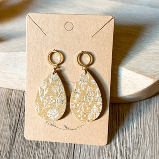 Mustard Floral Leather Teardrop Earrings