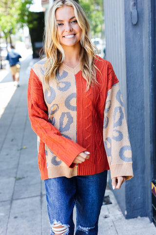 Rust & Taupe Animal Print Cable Knit Color Block Sweater