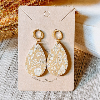 Mustard Floral Leather Teardrop Earrings