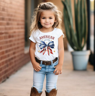 American Girly 4th of July Coquette Bow Girls Tee Shirt