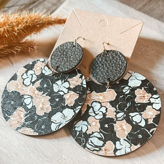 Black Floral Tiered Leather Statement Earrings