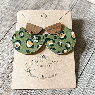 Olive Green Leopard Spot Leather Earrings