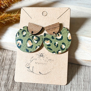 Olive Green Leopard Spot Leather Earrings