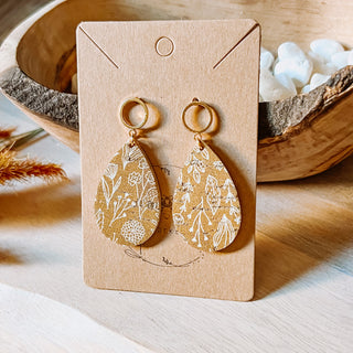 Mustard Floral Leather Teardrop Earrings