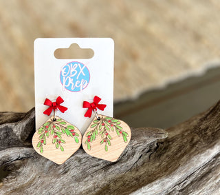 Bauble Holly Berry Laser Engraved and Hand Painted Dangle Christmas Earrings