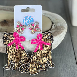 Jaguar with Pink Bow Exclusive Preppy Dangle Earrings