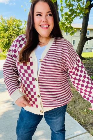 Cozy Days Magenta Checkered & Striped Button-Down Cardigan