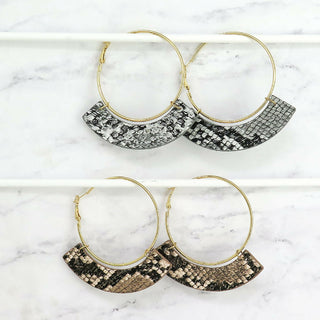 Gold Leather Snakeskin Hoop Earrings