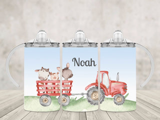 Red or Green Farming Tractor 12 oz Sippy Cup with 2 lids, Personalised Name