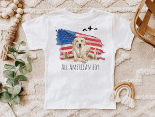 All American Boy Golden Lab and American Flag Boys Tee Shirt
