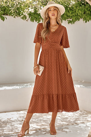 Textured Dotted V-Neck Belted Midi Dress