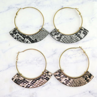 Gold Leather Snakeskin Hoop Earrings