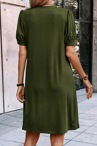 Kaitlyn Notched Neck Pleated Puff Sleeve Shift T-shirt Dress