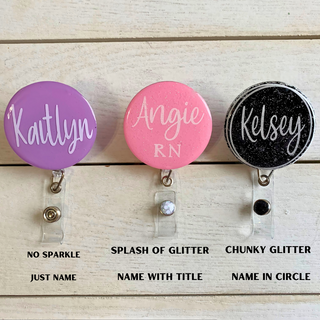 Customized Badge Reel with Your Choice of Color, Sparkle and Personalization Style; Badge Reel for Staff; Teacher ID Rotating Badge Holder