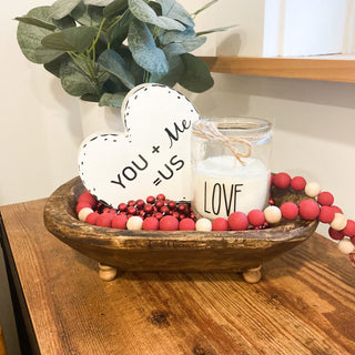 Handmade decorative dough bowl riser brown approximately 10"x6"x3" with 3/4" feet decorated for Valentine's Day