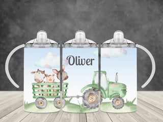 Green or Red Tractor 12 oz Sippy Cup with 2 lids, Personalised Name