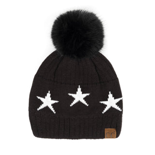 CC Beanie with Quality Faux Fur Pom & Star Pattern