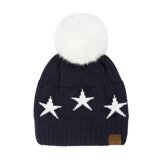 CC Beanie with Quality Faux Fur Pom & Star Pattern