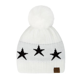 CC Beanie with Quality Faux Fur Pom & Star Pattern