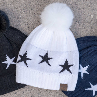 CC Beanie with Quality Faux Fur Pom & Star Pattern