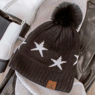 CC Beanie with Quality Faux Fur Pom & Star Pattern