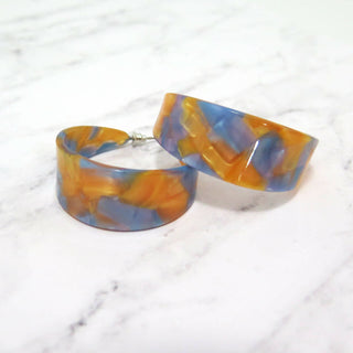 Lucite Orange and Blue Marble Hoop Earrings