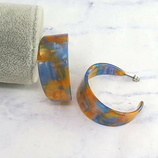 Lucite Orange and Blue Marble Hoop Earrings